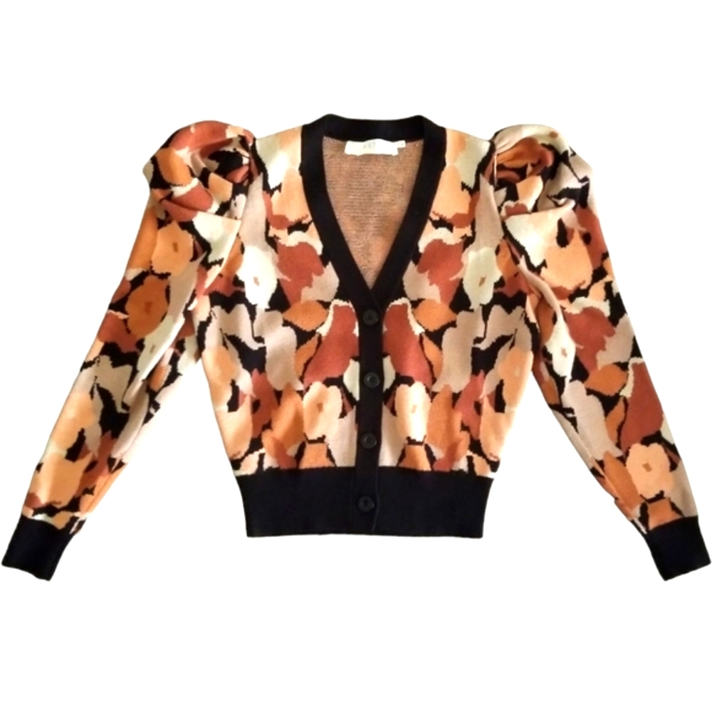 NWOT Women ASTR The Label Black, Copper, White Floral Puff Sleeve Cardigan XS